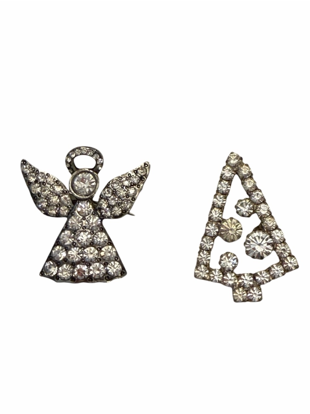 2 Pc Silver Tone Brooch Lot Rhinestones Petite‎ Christmas Tree & Angel Holiday